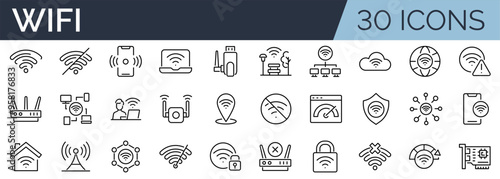 Set of 30 outline icons related to wifi. Linear icon collection. Editable stroke. Vector illustration
