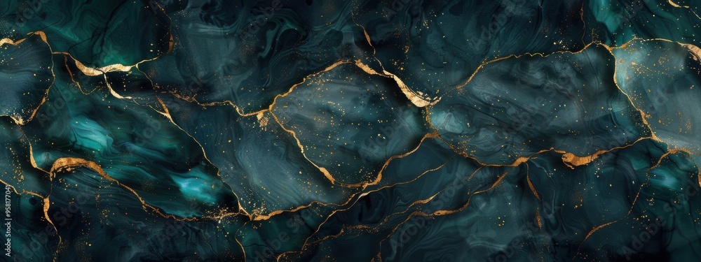 Black glass wall with gold edges, seamless abstract line pattern in emerald green color. Black glass wall with gold edges, seamless abstract line pattern in emerald green color.