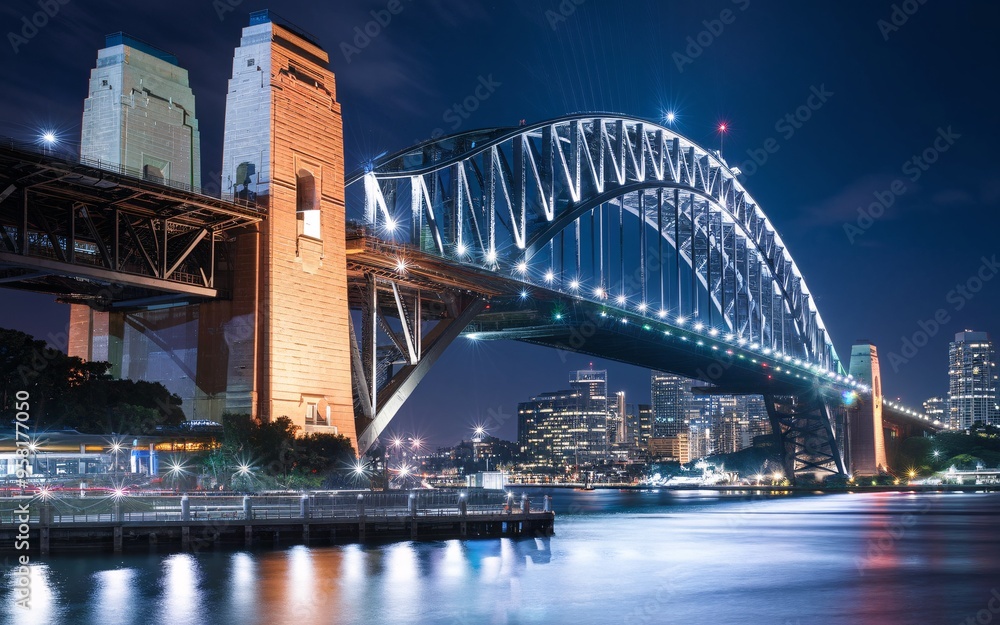 Naklejka premium Aerial View of Sydney Harbour Bridge: Dynamic Cityscape Background