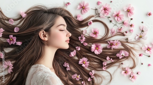Pink Cosmos flower on long hair of beauty woman in studio,spring or summer concept,creative bright image for advertising products for hair,copy space,Bridal hairstyle with real flowers.