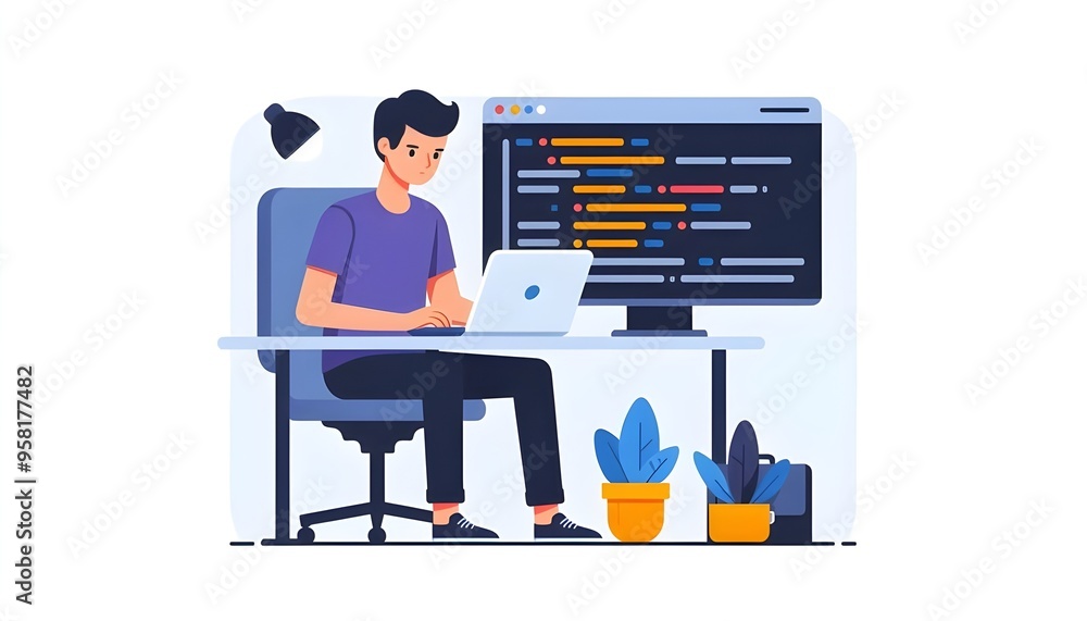 Flat vector illustration of a programmer coding on laptop Flat vector illustration of a programmer coding on laptop
