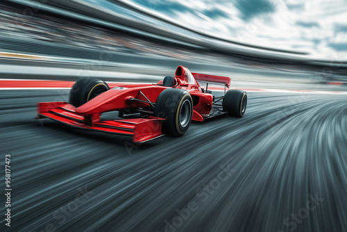 Red Formula 1 Race Car in Full Speed on Track, Dynamic Motion photo