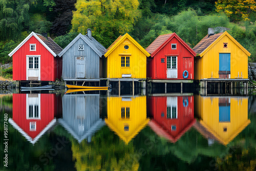 Colorful Waterfront Houses with Reflections