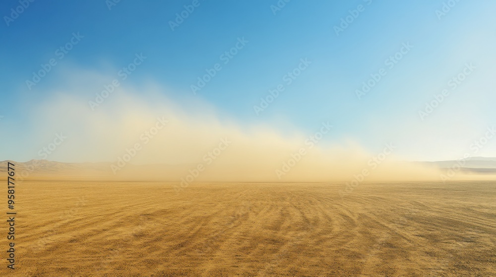 Vast desert evolving from clear blue sky to sandstorm engulfing the horizon creating a stark contrast Vast desert evolving from clear blue sky to sandstorm engulfing the horizon creating a stark contrast