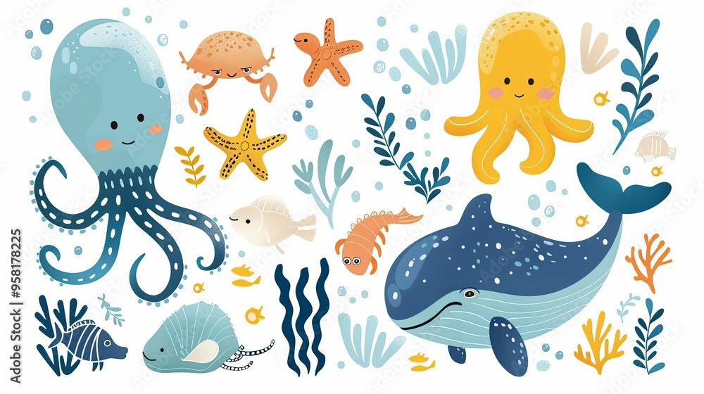 Colorful Cartoon Sea Life with a Whale, Octopus, and Crab Colorful Cartoon Sea Life with a Whale, Octopus, and Crab