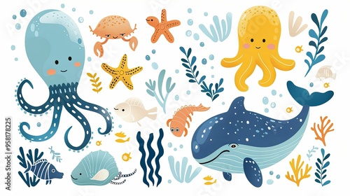 Colorful Cartoon Sea Life with a Whale, Octopus, and Crab