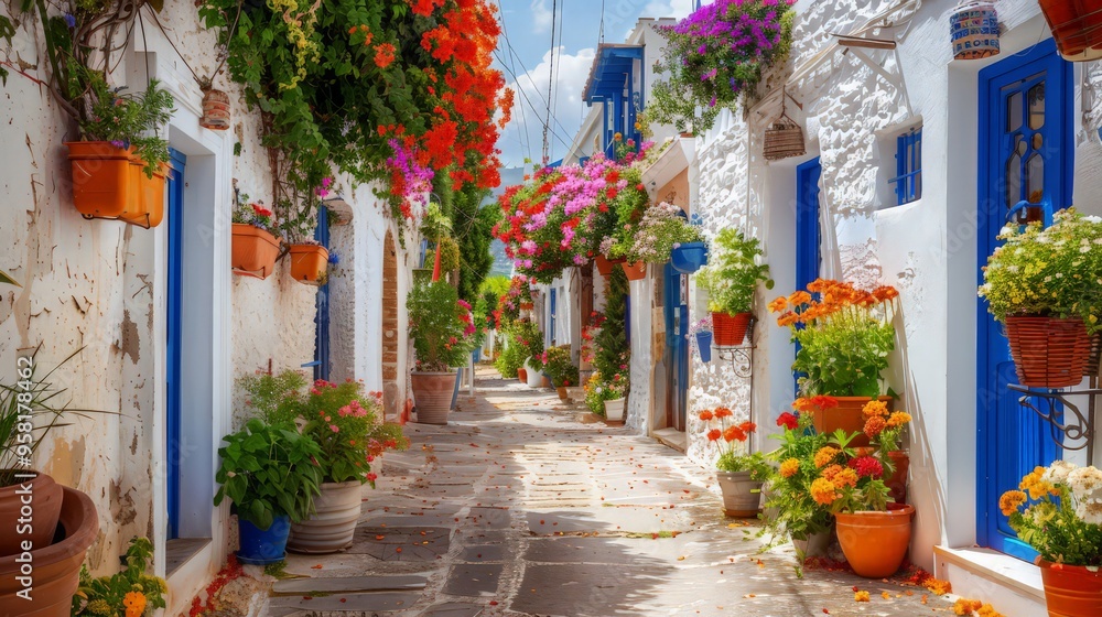 Fototapeta premium Beautiful colorful flower street with white houses and blue doors in a European city. Greece, floral for background.