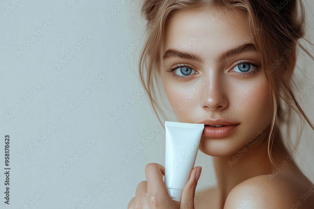Close-up of young European woman with blue eyes holding a white cream tube Close-up of young European woman with blue eyes holding a white cream tube