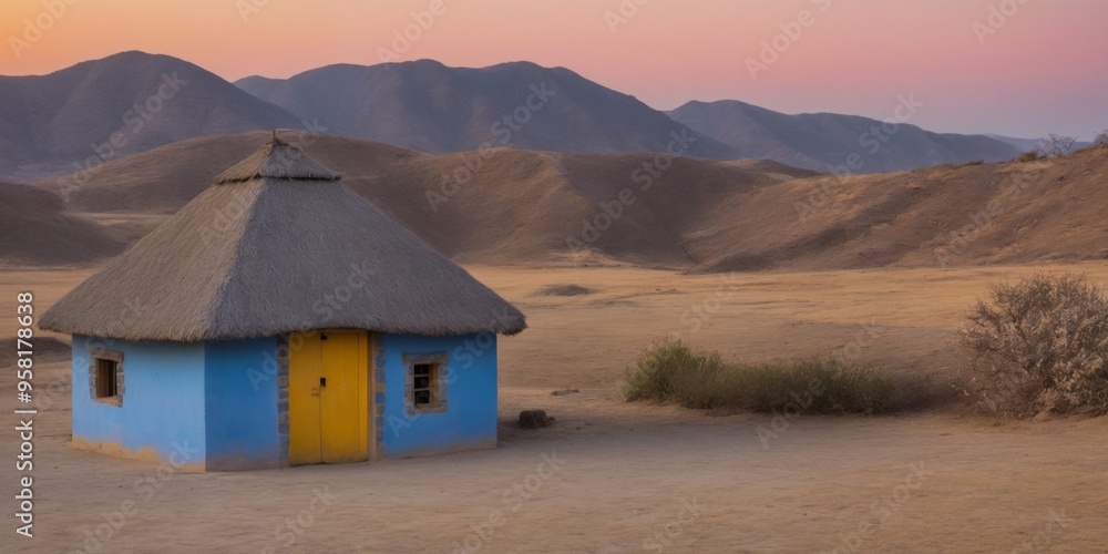 Scenic view of stone hut with blue door in expansive landscape w Scenic view of stone hut with blue door in expansive landscape w