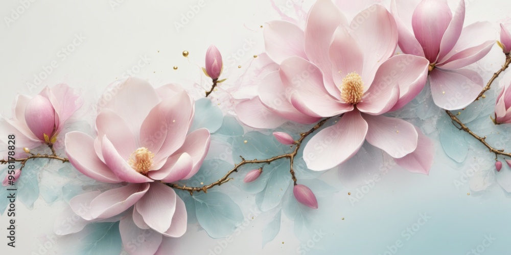 Pink magnolia flowers in full bloom on white background with sym Pink magnolia flowers in full bloom on white background with sym