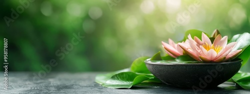  A tight shot of a flower in a bowl on a table, accompanied by water lilies alongside it photo