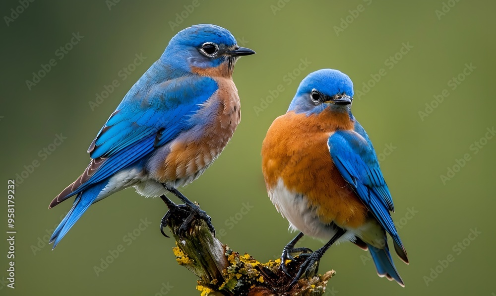 Fototapeta premium Two male bluebirds on perch. 