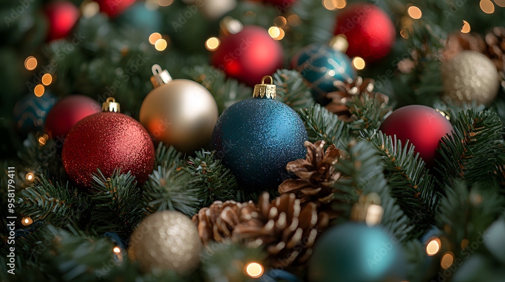 Decorated Branches with Ornaments: Christmas tree branches adorned with colorful ornaments and twinkling lights, highlighting the holiday spirit. Decorated Branches with Ornaments: Christmas tree branches adorned with colorful ornaments and twinkling lights, highlighting the holiday spirit.