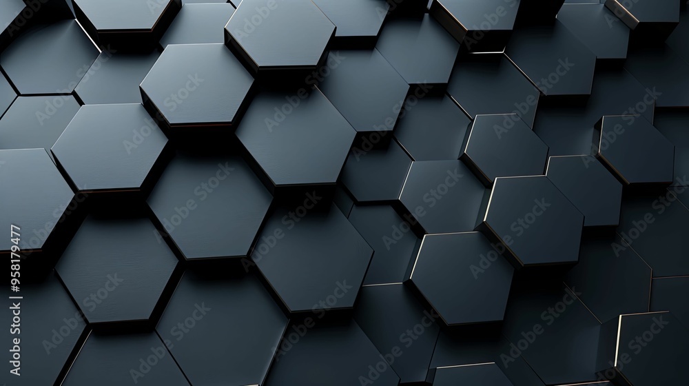 Abstract Pattern of Interlocking Black Hexagons with Gold Accents Abstract Pattern of Interlocking Black Hexagons with Gold Accents