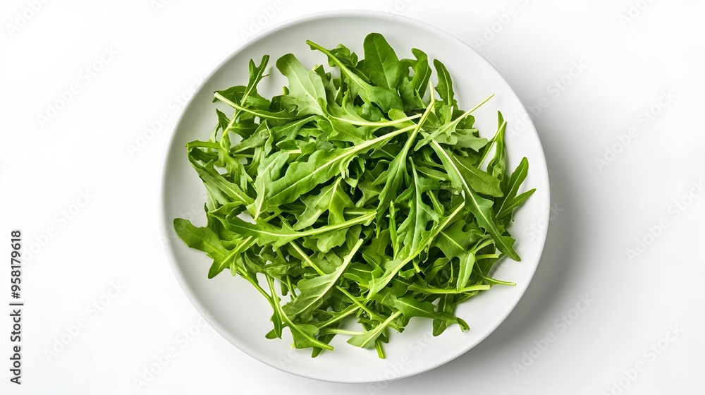 Fresh arugula leaves on white plate for healthy salads and culinary inspiration Fresh arugula leaves on white plate for healthy salads and culinary inspiration