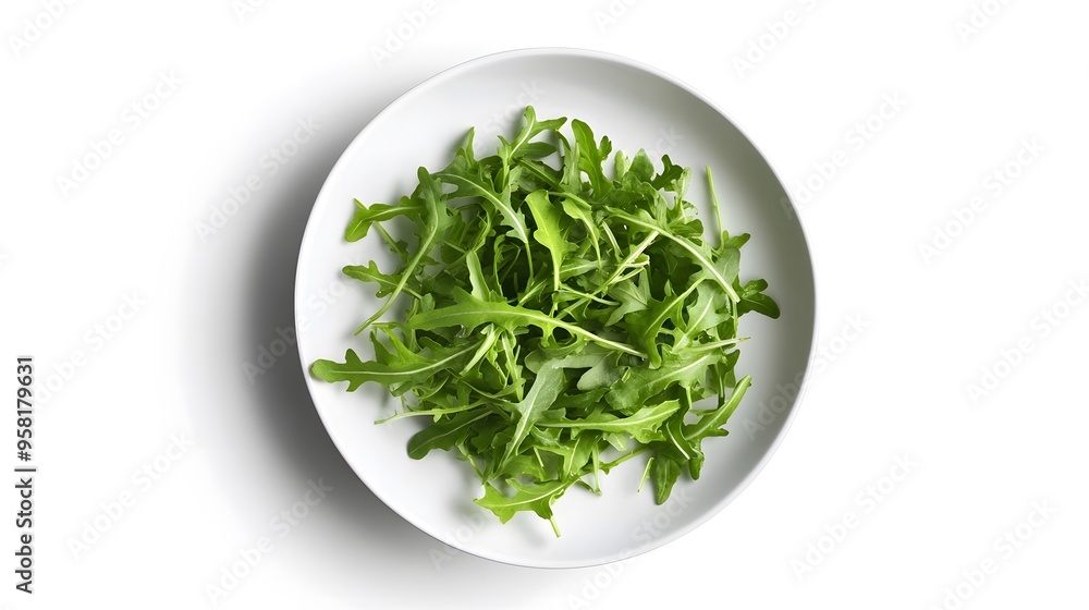 Fresh arugula leaves on white plate for healthy cooking and salad creations Fresh arugula leaves on white plate for healthy cooking and salad creations