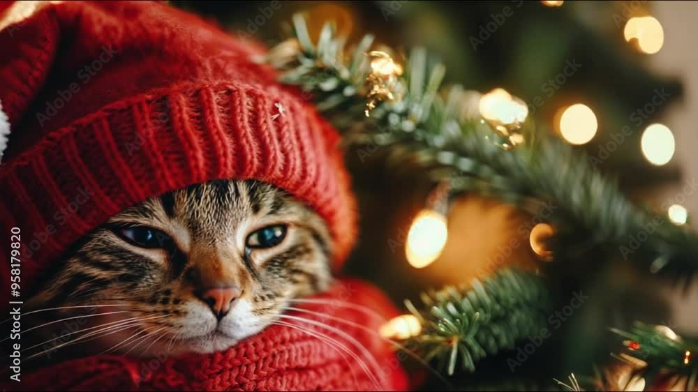 A cat in a Santa hat sits by a decorated tree, spreading cheer A cat in a Santa hat sits by a decorated tree, spreading cheer