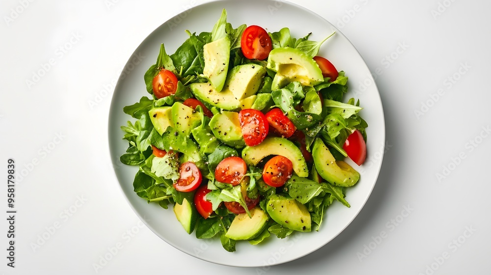 Fresh avocado and tomato salad with mixed greens on a white plate Fresh avocado and tomato salad with mixed greens on a white plate