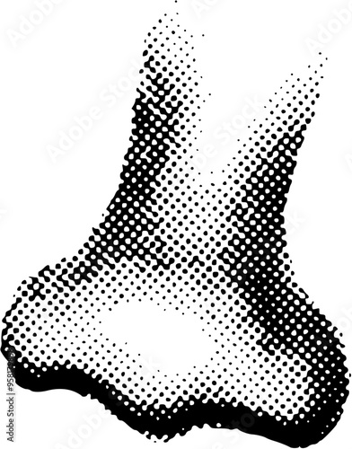 Halftone cut out nose from newspaper. Collage element of paper for poster, stickers, banner. Cutting shapes grunge vintage face part. Abstract vector