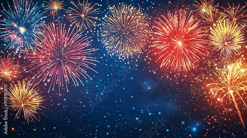 A magnificent display of exploding fireworks color the night sky with dazzling hues, capturing the beauty and exuberance of festive celebrations.