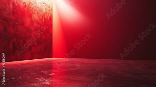 Red Wall Corner with Light Beam and Grunge Texture