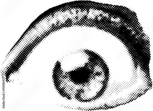Halftone cut out big eye from newspaper. Collage element of paper for poster, stickers, banner. Cutting shapes grunge vintage face part. Abstract vector