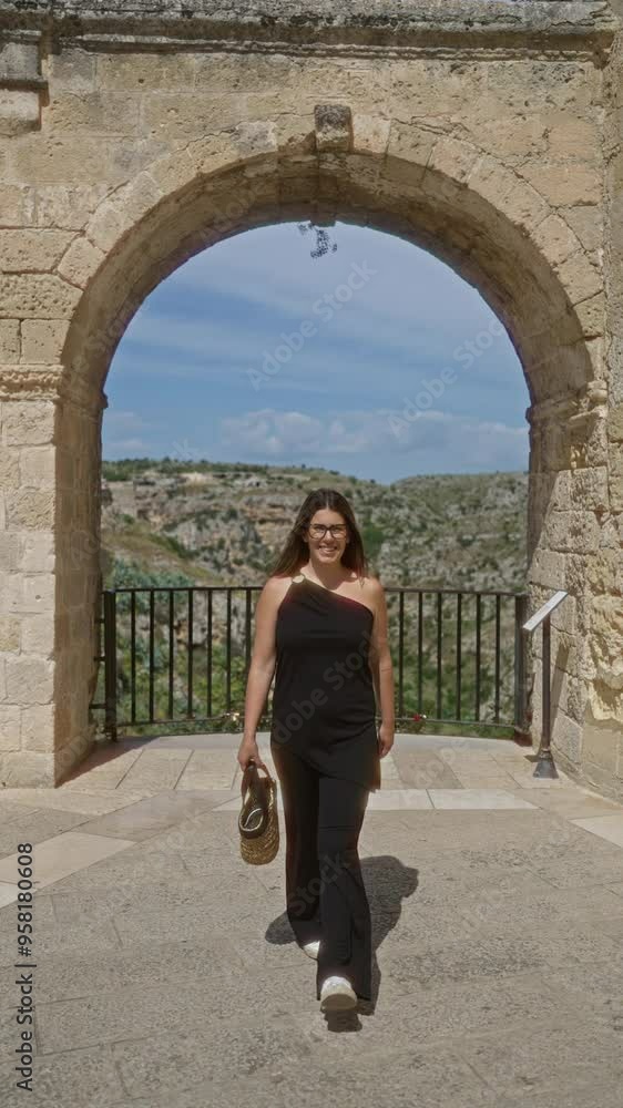 Young hispanic woman in black dress walking under an arch in the old town of matera, basilicata, italy, with scenic architecture and countryside views in the background. Young hispanic woman in black dress walking under an arch in the old town of matera, basilicata, italy, with scenic architecture and countryside views in the background.