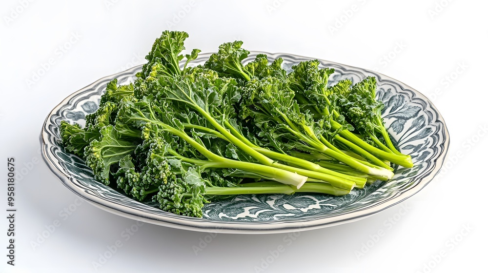 Fresh bunch of broccoli rabe on decorative plate - green, leafy vegetables for healthy cooking Fresh bunch of broccoli rabe on decorative plate - green, leafy vegetables for healthy cooking