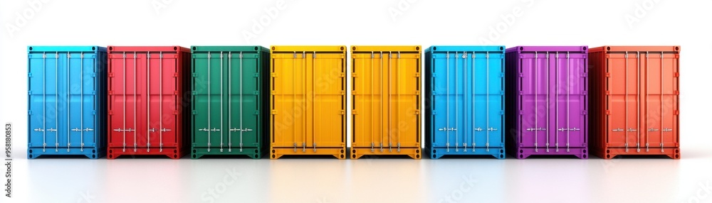 Colorful Cargo: A vibrant row of shipping containers stands poised for global trade, symbolizing international commerce and logistics in a clean, modern aesthetic. Colorful Cargo: A vibrant row of shipping containers stands poised for global trade, symbolizing international commerce and logistics in a clean, modern aesthetic.