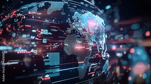 Visual of a digital interface showing economic policy scenarios with outcomes projected on a global scale, concept of predictive economic planning