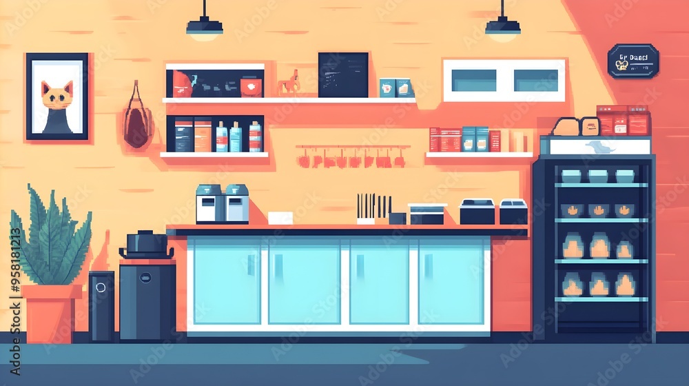 A flat design of a pet store with a fun, bright color palette A flat design of a pet store with a fun, bright color palette