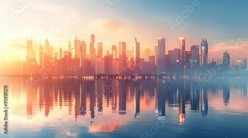 City Skyline Reflected in Water at Sunset