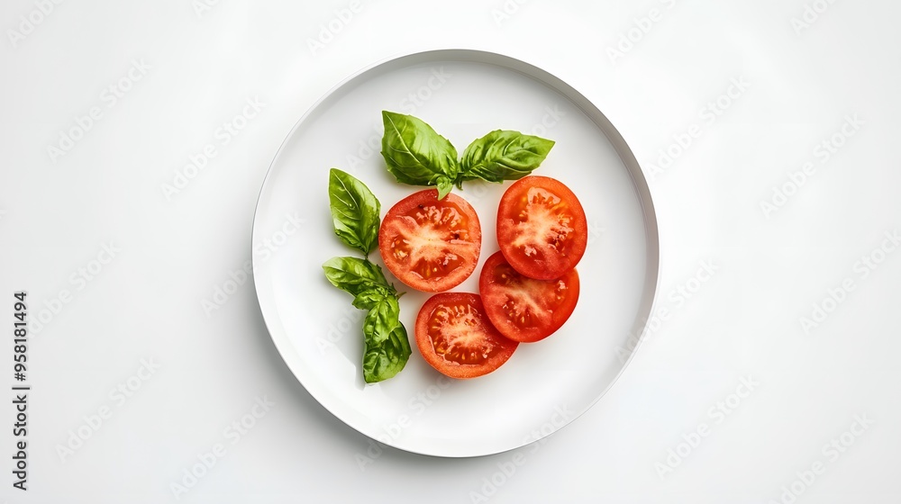 Fresh tomato slices with basil leaves on a white plate - minimalist food presentation Fresh tomato slices with basil leaves on a white plate - minimalist food presentation