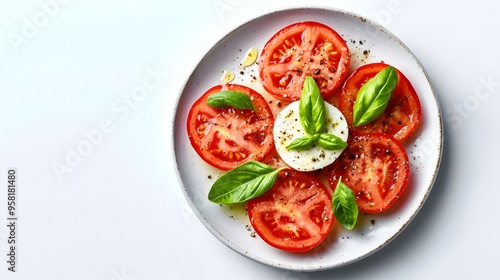 Fresh caprese salad with basil, tomato slices, and mozzarella on white plate