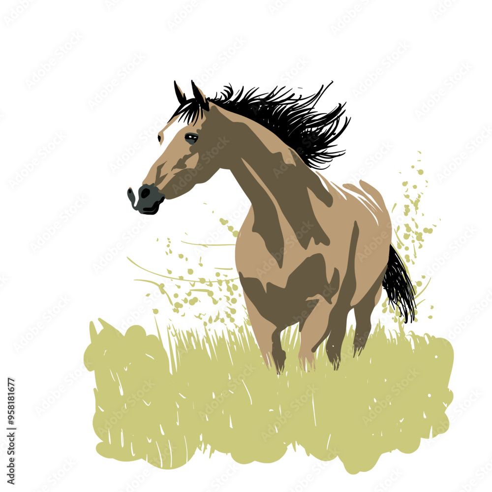 Horse Silhouette in Grass Field Vector Illustration Horse Silhouette in Grass Field Vector Illustration
