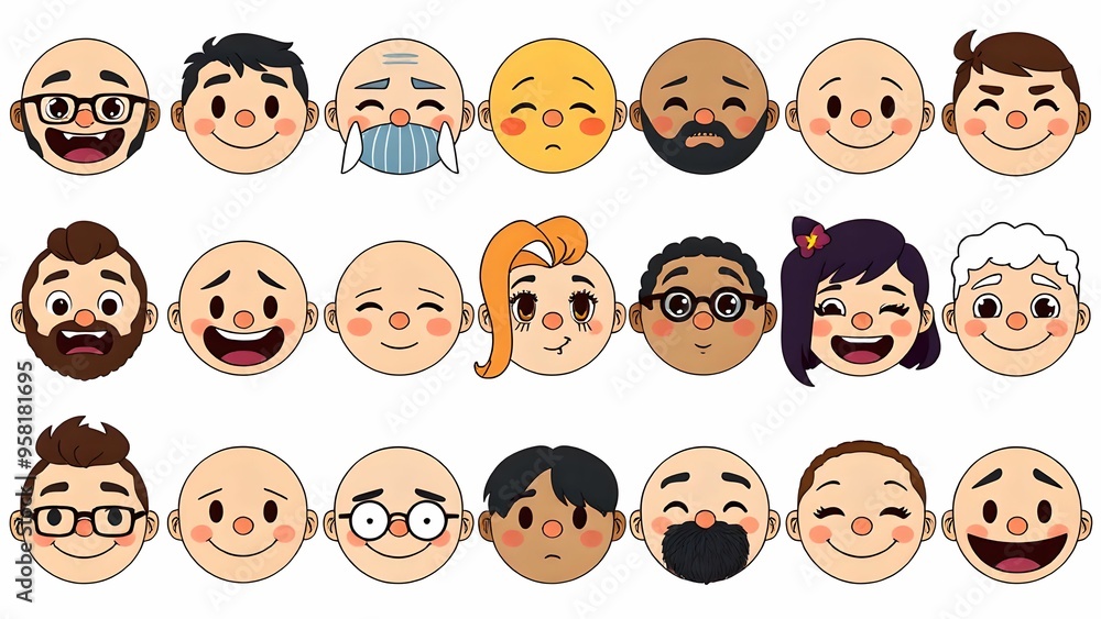 A collection of smiling faces and multiple facial expressions. A collection of smiling faces and multiple facial expressions.