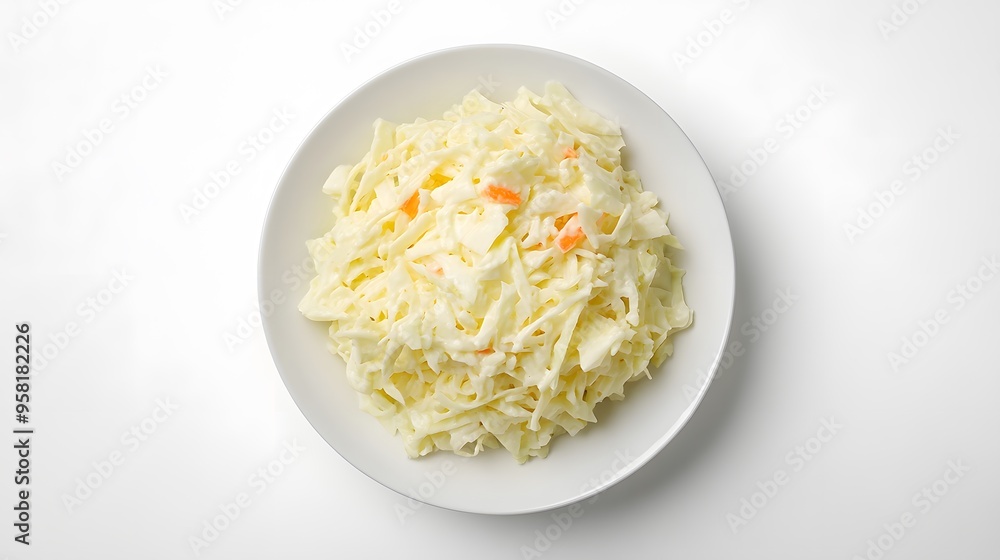 Fresh creamy coleslaw in white bowl isolated on white background Fresh creamy coleslaw in white bowl isolated on white background