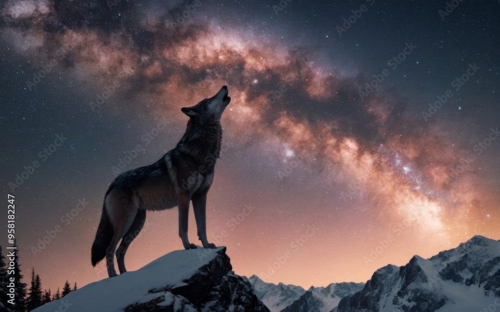 Wolf howling under starry sky on rocky outcrop with milky way in Wolf howling under starry sky on rocky outcrop with milky way in
