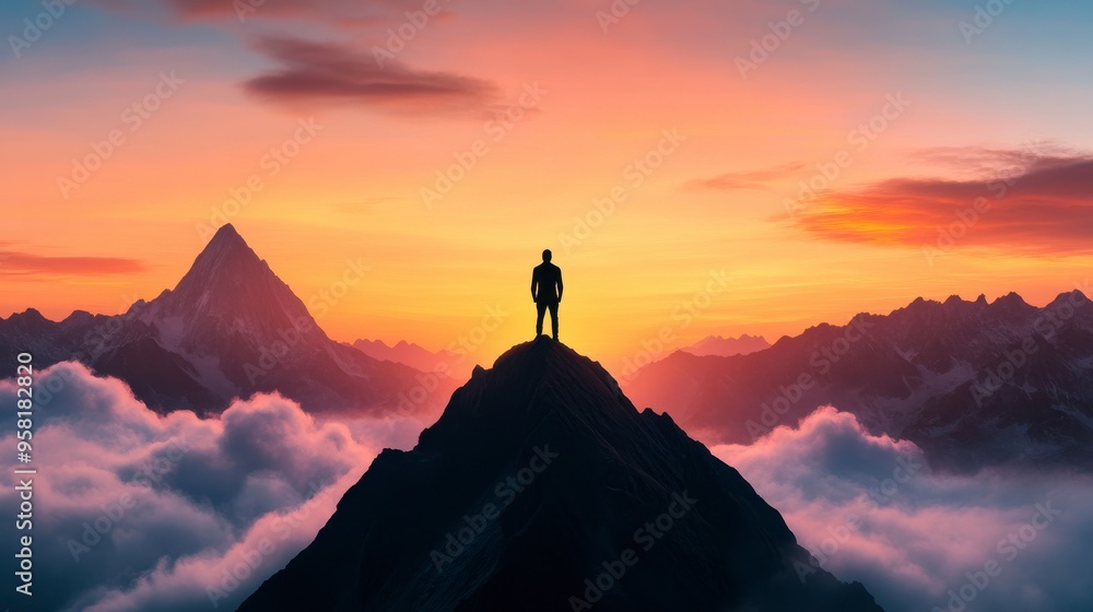 A solitary figure stands atop a mountain peak, surrounded by clouds, against a vibrant sunset backdrop of orange and purple hues. A solitary figure stands atop a mountain peak, surrounded by clouds, against a vibrant sunset backdrop of orange and purple hues.