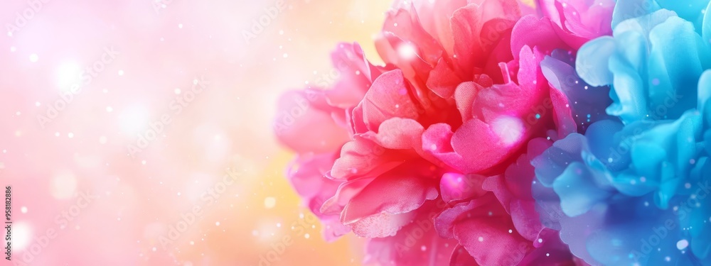 A tight shot of a multicolored flower with petals in shades of pink and blue against a backdrop of pink, yellow, and blue A tight shot of a multicolored flower with petals in shades of pink and blue against a backdrop of pink, yellow, and blue
