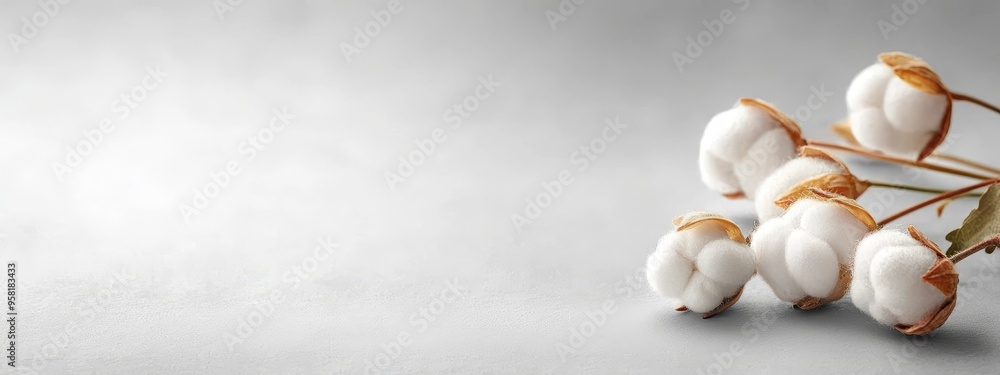 Fototapeta premium A collection of cotton flowers atop a pristine white counter, adjacent to a leafy plant