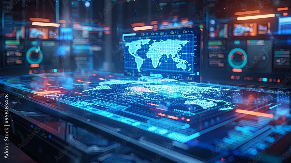 Futuristic Digital Interface with World Map Projection Futuristic Digital Interface with World Map Projection