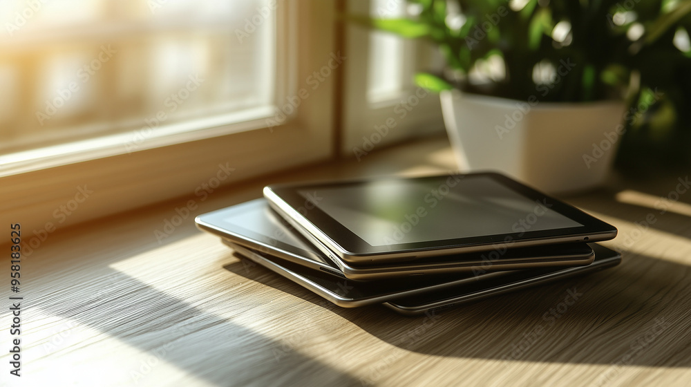 Fototapeta premium Stack of Tablets Near Window in Sunlit Room With Indoor Plant