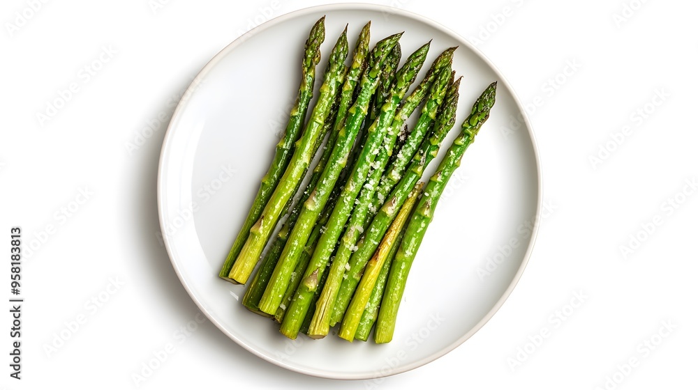 Healthy grilled asparagus with sea salt on a white plate Healthy grilled asparagus with sea salt on a white plate