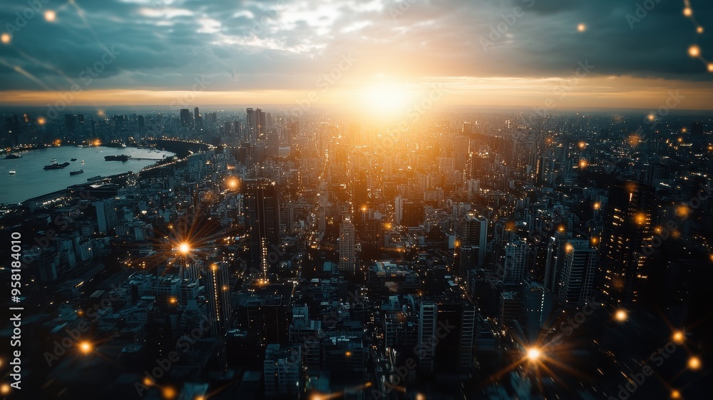 Aerial View of Modern Cityscape at Sunset with Glowing Lights and Dramatic Sky Aerial View of Modern Cityscape at Sunset with Glowing Lights and Dramatic Sky