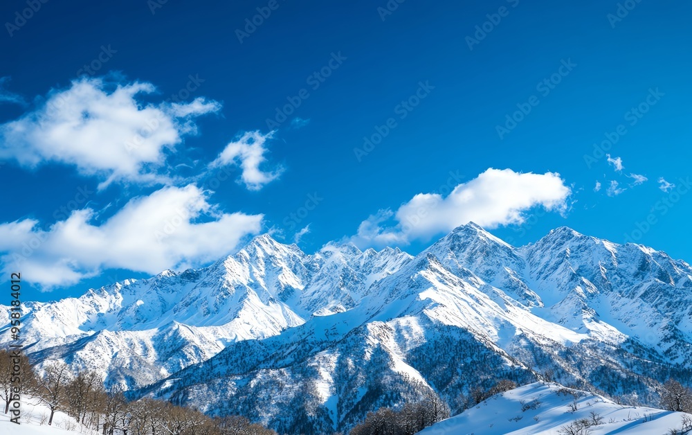 Obraz premium Stunning snow-covered mountains under a bright blue sky with fluffy clouds, perfect for winter landscapes and outdoor adventures.