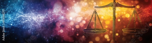 Golden Justice Scales Against Vibrant Abstract Background with Bokeh Lights