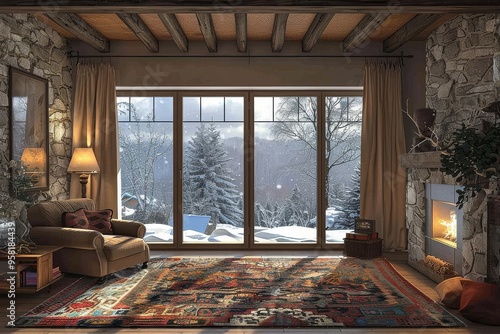 Cozy living room with frosted window view, snowy landscape, three beige framed windows, depth perspective, stone walls, wooden beams, vintage armchair, colorful rug, designer lamps, decorative vases