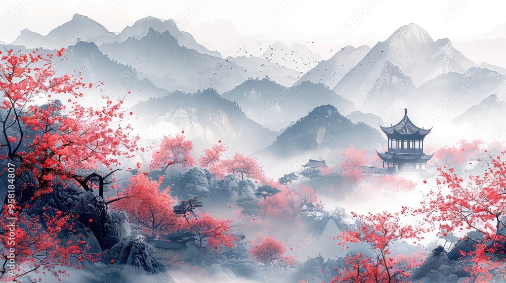 Fototapeta premium Illustration Of China Landmarks, Generative AI