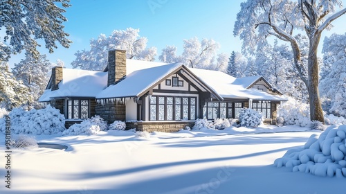 Snowy winter house amidst a frosty forest